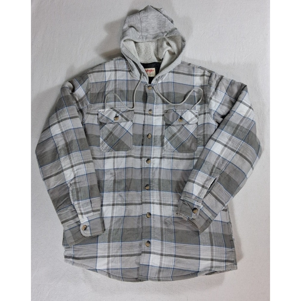 Wrangler Authentics Hooded Flannel Shirt Jacket Mens M Plaid Quilted Lined